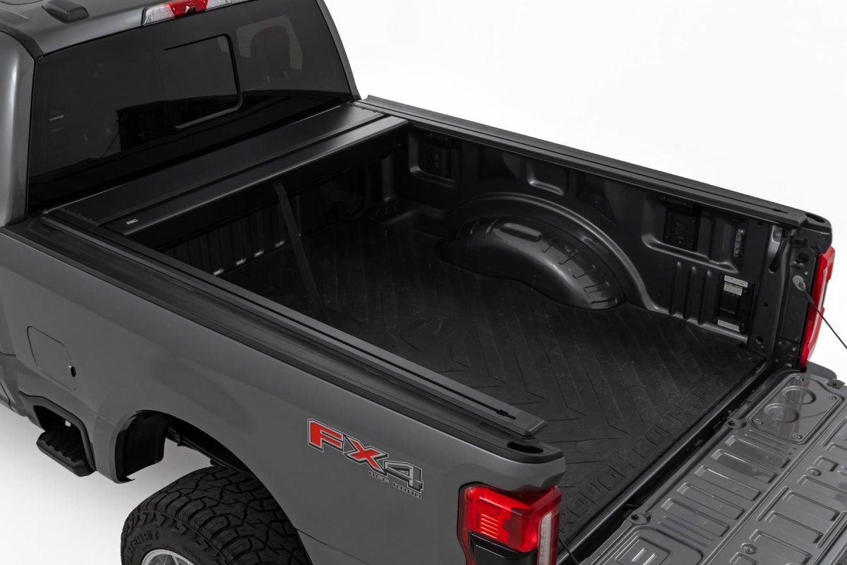 Ford F-350 Super Duty Manual Retractable Bed Cover - Rough Country - Heavy-Duty Aluminum with Smooth Spring-Assisted Retraction - Matte Black - '17-'26